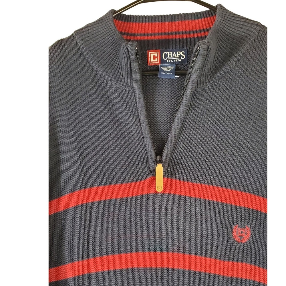 Chaps Mens XL Quarter Zip Sweater‎ Navy Blue Red Striped 100% Cotton Pullover